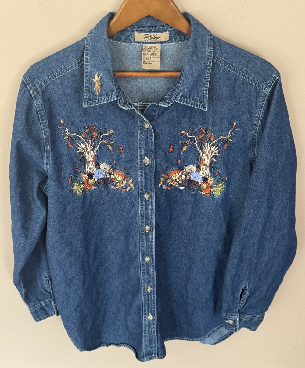 Just My Size Denim Shirt 14/16W Plus Blue Jean Embroidered Fall Teddy Bears